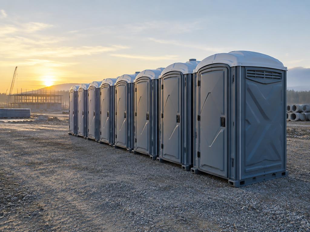 Row of portable toilet units on a construction staging lot at dawn